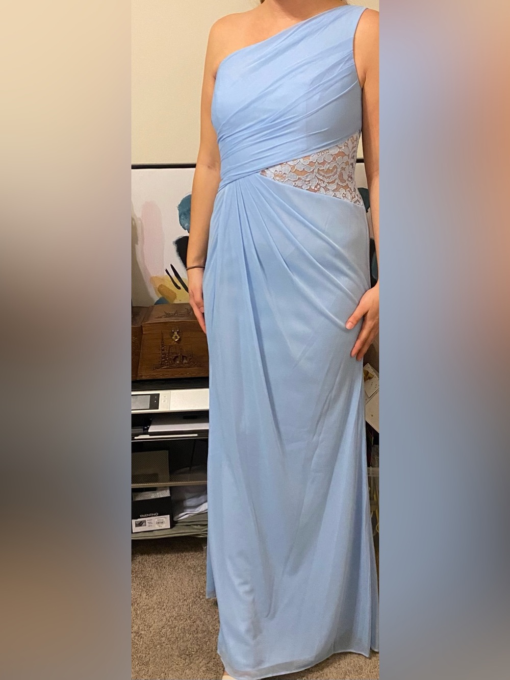David’s Bridal | One-Shoulder Mesh Dress with Lace Inset